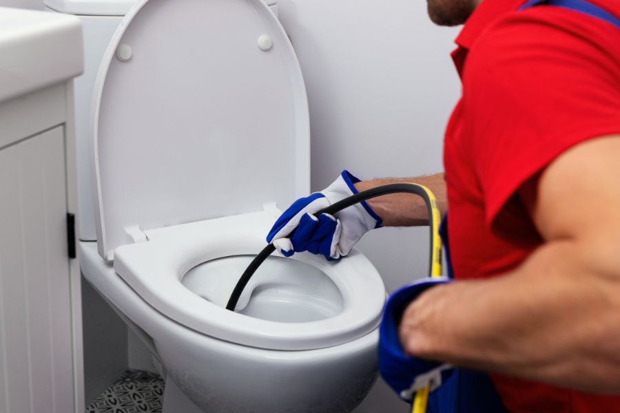 A person with a long tubular tool inside a toilet.