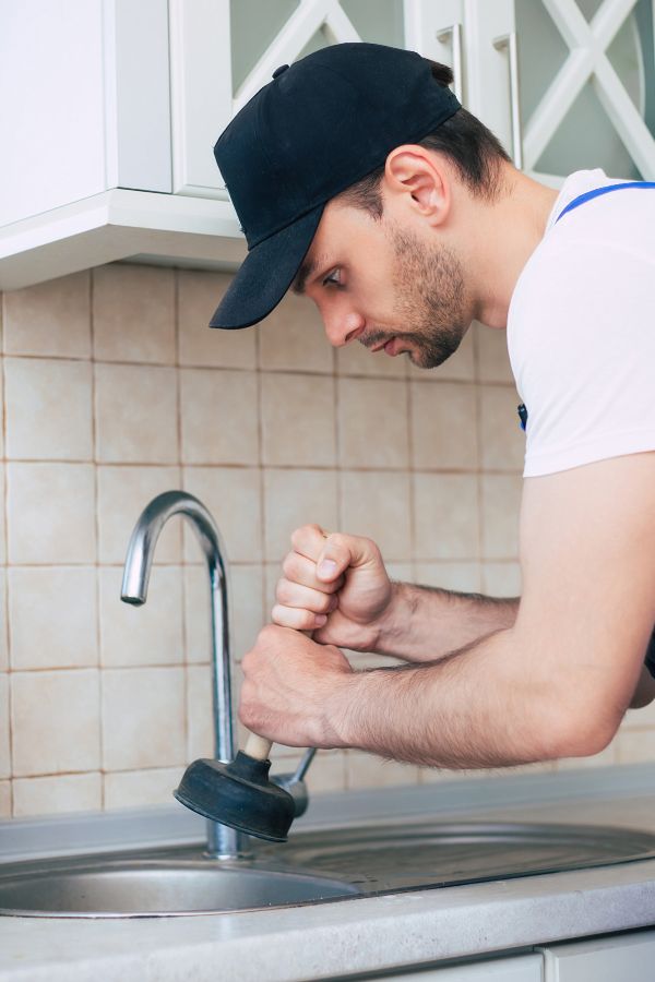 A man in a black hat cleaning a sink drain with a plunger.