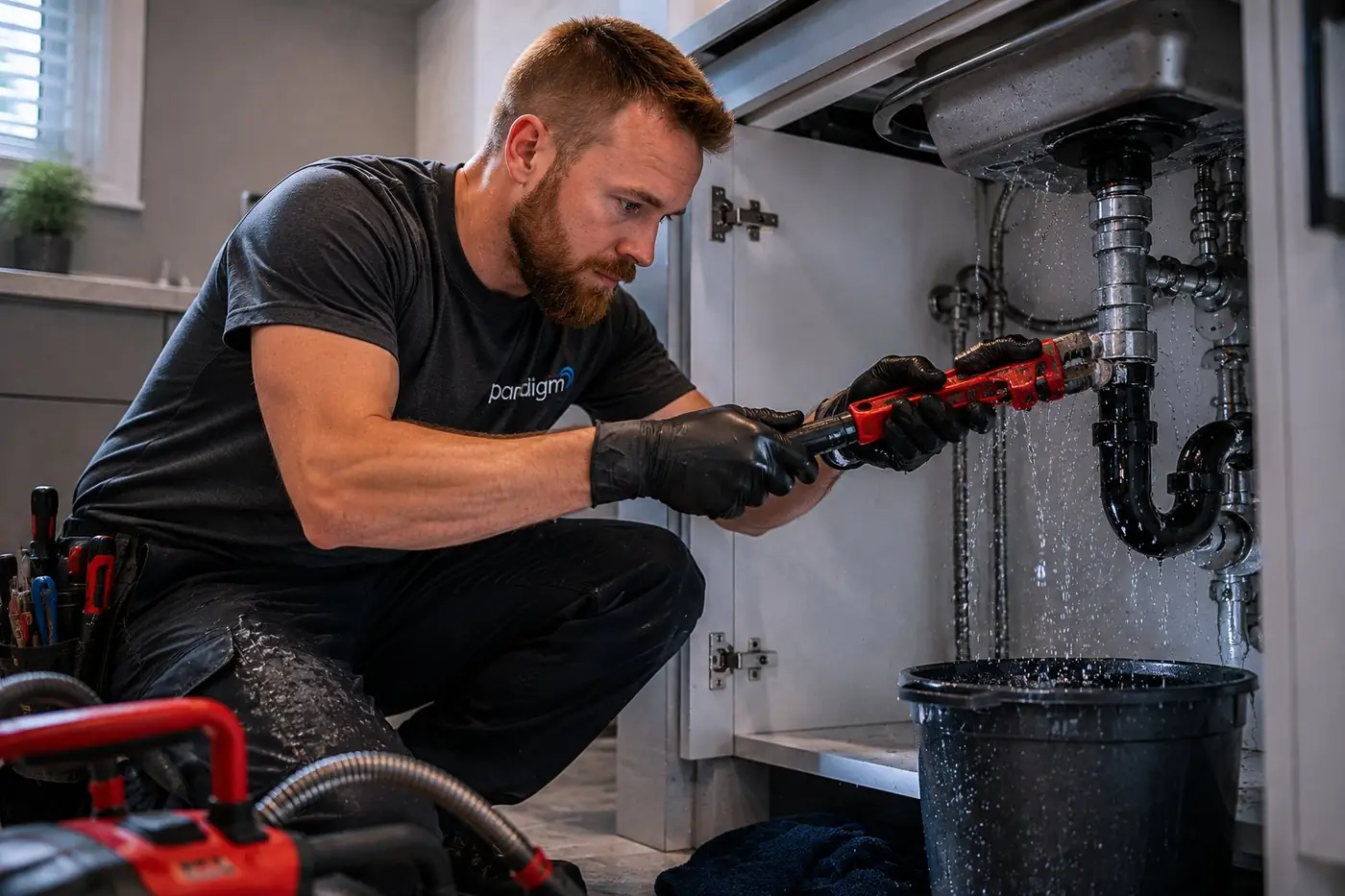 Jon repairing a leaking kitchen sink in a Paradigm Services shirt