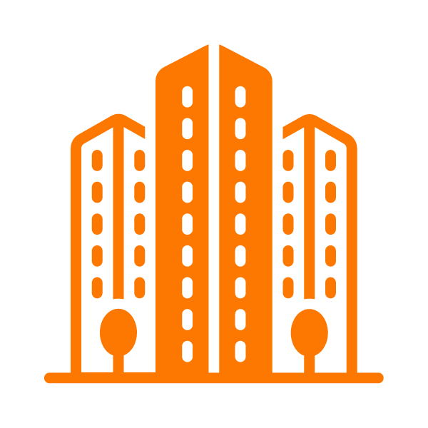 An icon of a three large buildings in orange.