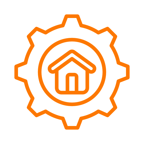 An icon of a house inside a gear, in orange.