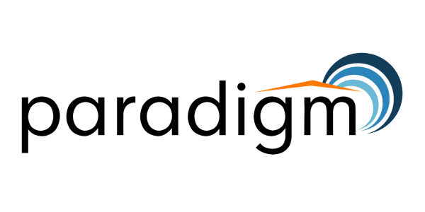 Paradigm's logo in black with gradient blue semi-circles and an orange shape.