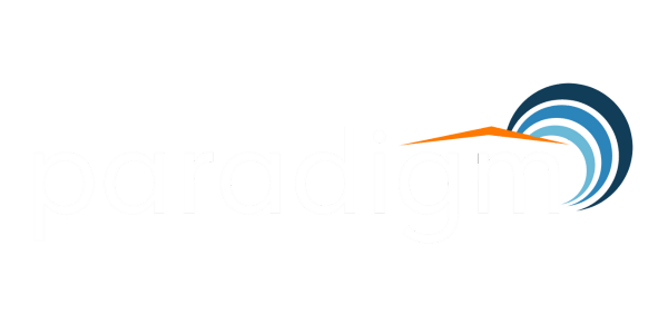 Paradigm's logo with gradient blue semi-circles and an orange shape.